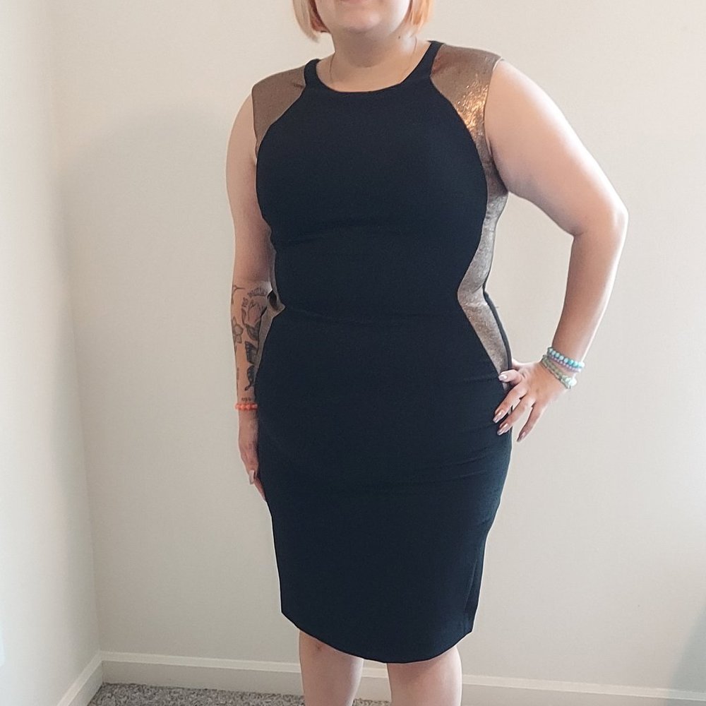 Plus Size Anne Klein Black Bodycon Dress With Gold Side Detailing, Size 14